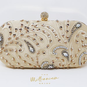 Bolso de mano de boda con bordado de hojas y cuentas de cristal, bolso llamativo, bolso de mano de noche, bolso de mano de boda, bolso de novia, bolso cruzado beige