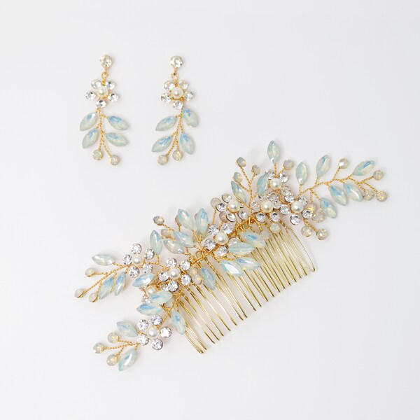 Swarovski Crystal Blue Floral Opal Leaves Earrings and Hair comb Statement Earrings Cz