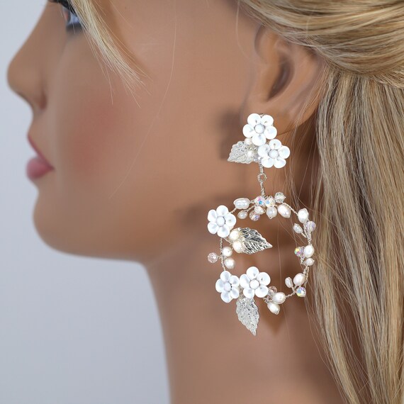 Boucles D'oreilles Créoles Pendantes - Perles D'eau Douce & Cristal Blanc, Plaqué Or 14K