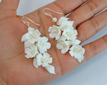 White Flower Petals Pearl Earrings, Long Bridal Jewelry Bridal Earrings Crystal Bridal Earrings Statement Earrings Cz