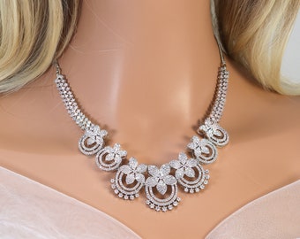 Swarovski Crystal Rose Gold Silver Flower Cascade Necklace set, Gift for her, Bride Necklace, Wedding Necklace Set Cz.