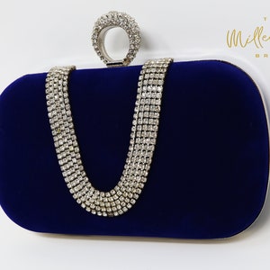 Royal Blue Velvet Crystal Mini Wedding Clutch, Statement Bag, Evening Clutch, Wedding Clutch, Bridal Bag, Blue Cross Body Bag image 6