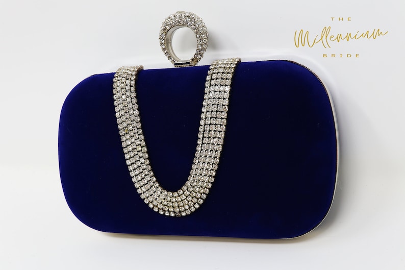 Royal Blue Velvet Crystal Mini Wedding Clutch, Statement Bag, Evening Clutch, Wedding Clutch, Bridal Bag, Blue Cross Body Bag image 6