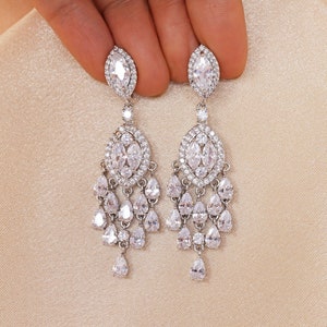 Chandelier Drop Crystal/Diamond Earrings, Long Bridal Jewelry, Crystal Bridal Earrings, Statement Earrings Cz