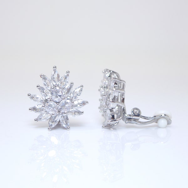 Enchanting Swarovski Clip on Floral Stud Earrings, Bridal Jewelry, Bridal Stud Earrings, Crystal Bridal Earrings, Statement Earrings Cz