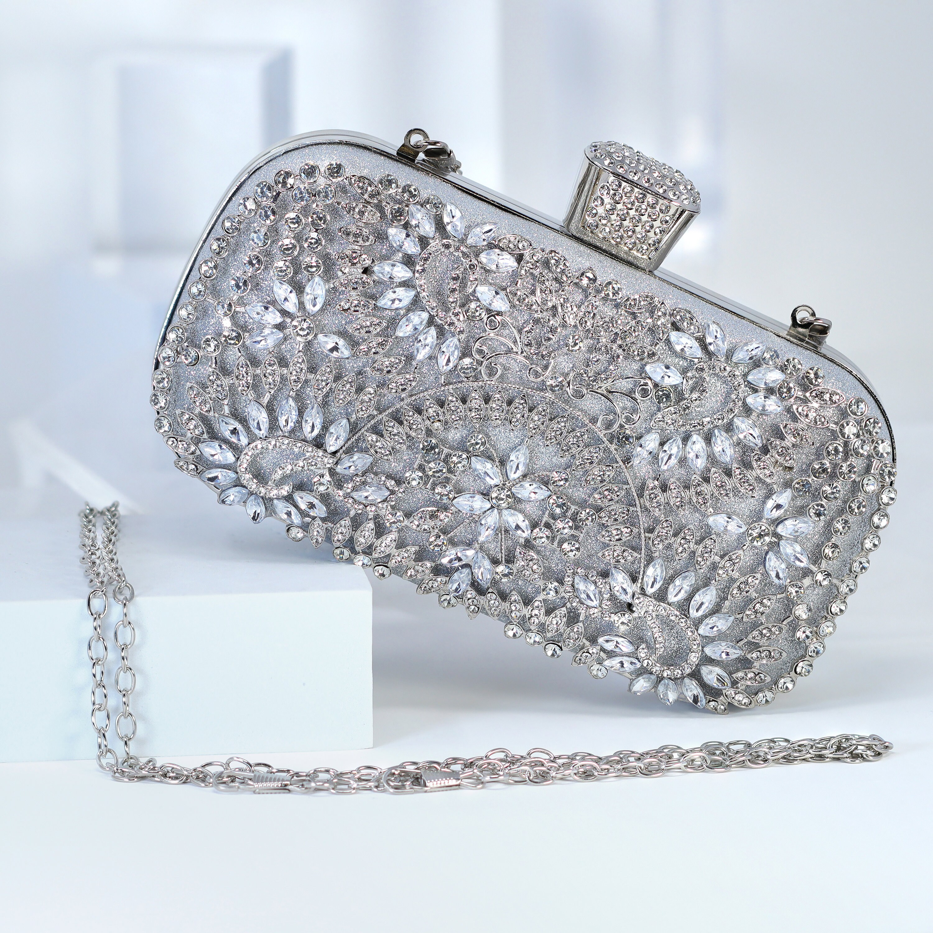Silver Crystal Floral Leaves Wedding Clutch, Statement Bag, Evening
