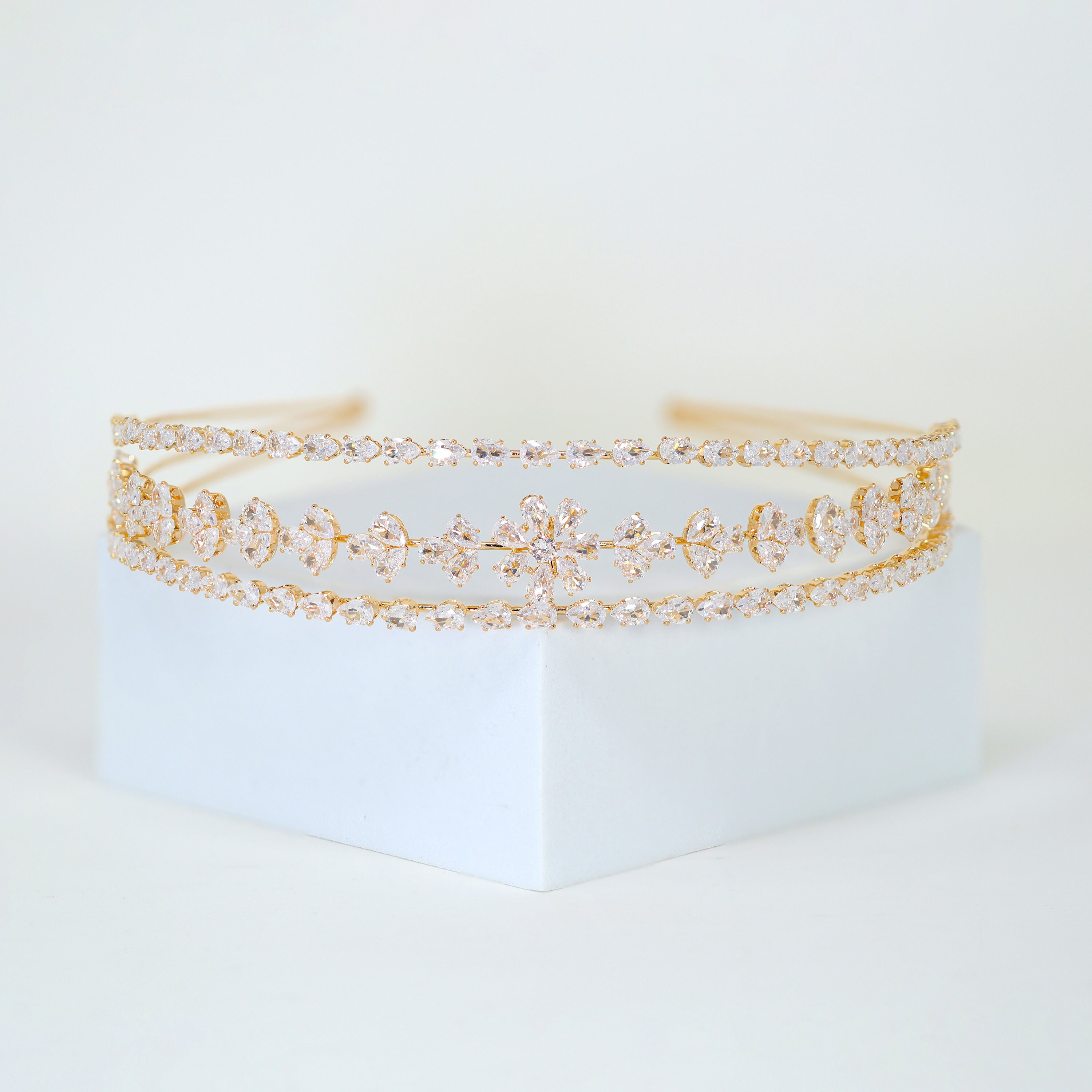 Vining Leaves & Flowers Side Headband w Swarovski Crystals | Soft Gold Sparkling Handcrafted Gold Floral Headband for Weddings  main image 3