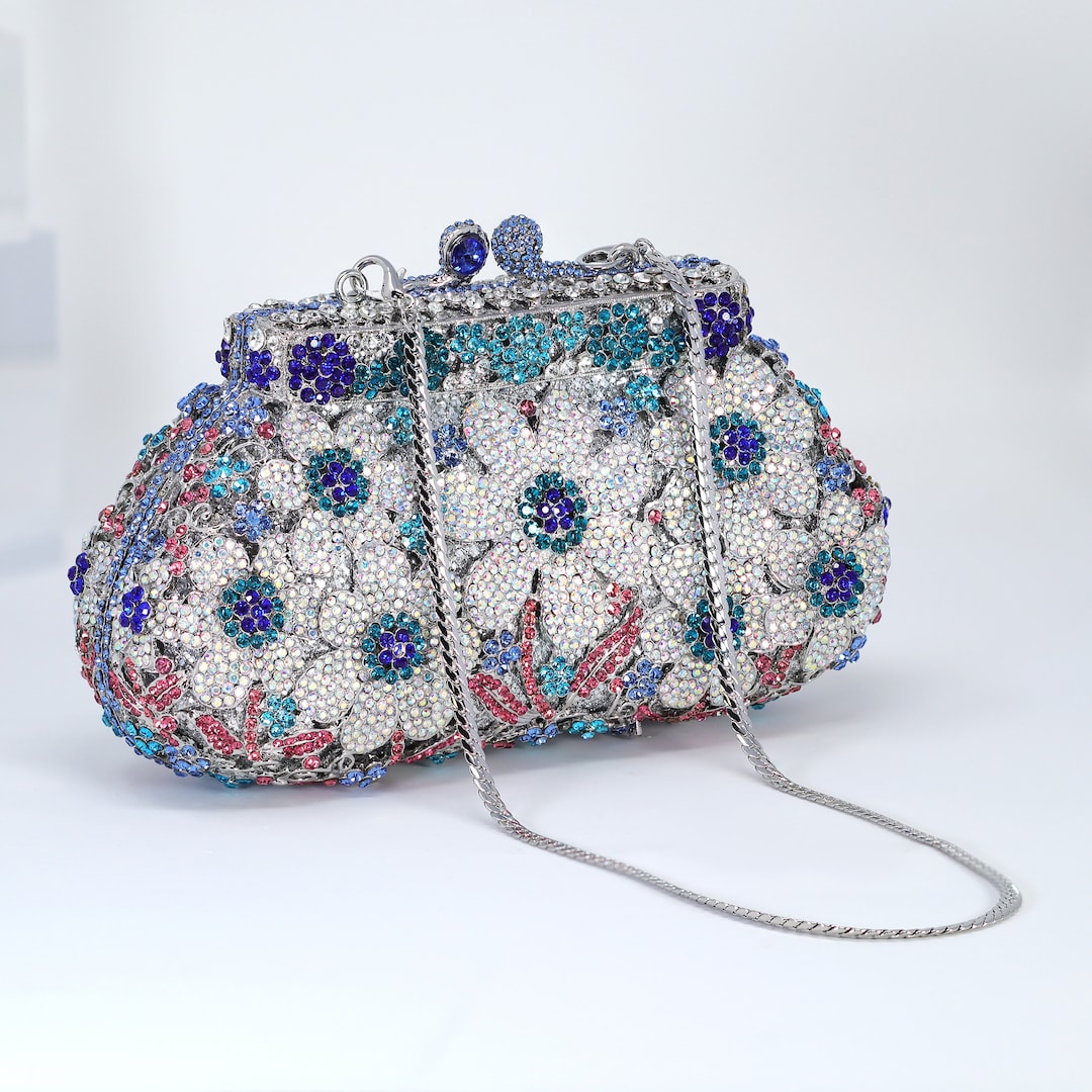 Bolso de mano pequeño para boda, con detalles en azul plateado y