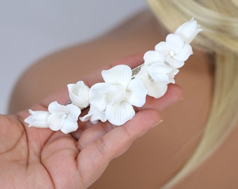 Porseleinen witte bloem bloesem bruids Frans haar clip, bruids haaraccessoires, bruidsmeisje cadeau, bruiloft haartoebehoren, grote haarclip