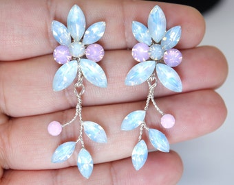 Pink and Blue Opal Vine Leaves Earrings, Long Bridal, Bridal Earrings, Boho Earring Statement Earrings