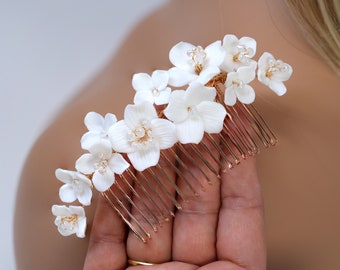 Ceramic White Flowers Pearl Hair comb,  Bridal Gold Finish Hair Piece, Bridal Hair Accessories, Wedding Hair Accessory.