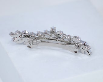 MADE IN FRANCE FOLIAGE LEAF WHITE STONE SILVER HAIR Clip GORG RARE ROMANTIC Silver Floral Leaves Wave CZ French Hair Clip, Bridal Hair  main image 2