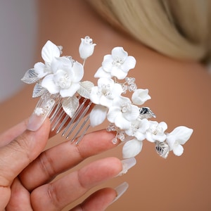 Ceramic White Flowers Seraphina Rose Comb Hair comb,  Bridal Gold Finish Hair Piece, Bridal Hair Accessories, Wedding Hair Accessory.
