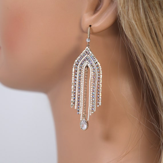 thumbnail image 2 of Mecresh Slver Rhnestone Crystal Brdal Chandeler Long Tassels Dangle... 2 of 14