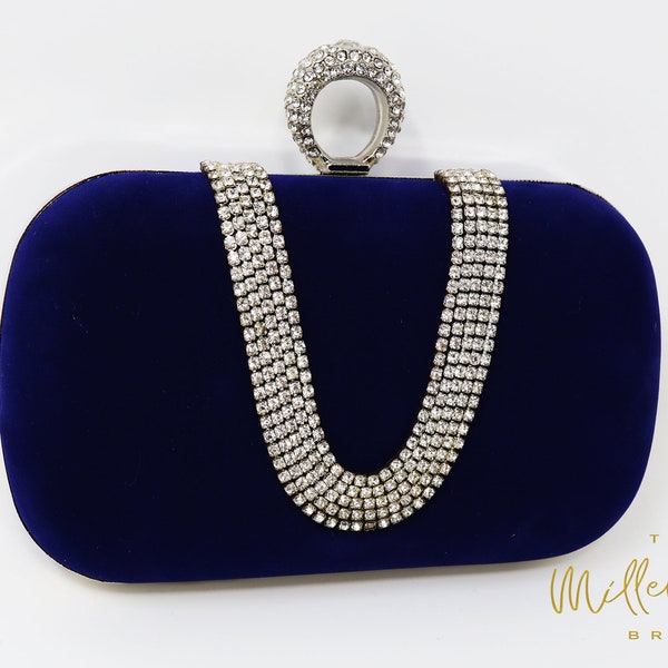 Mini pochette de mariage en cristal de velours bleu royal, sac de déclaration, pochette de soirée, pochette de mariage, sac de mariée, sac à bandoulière bleu