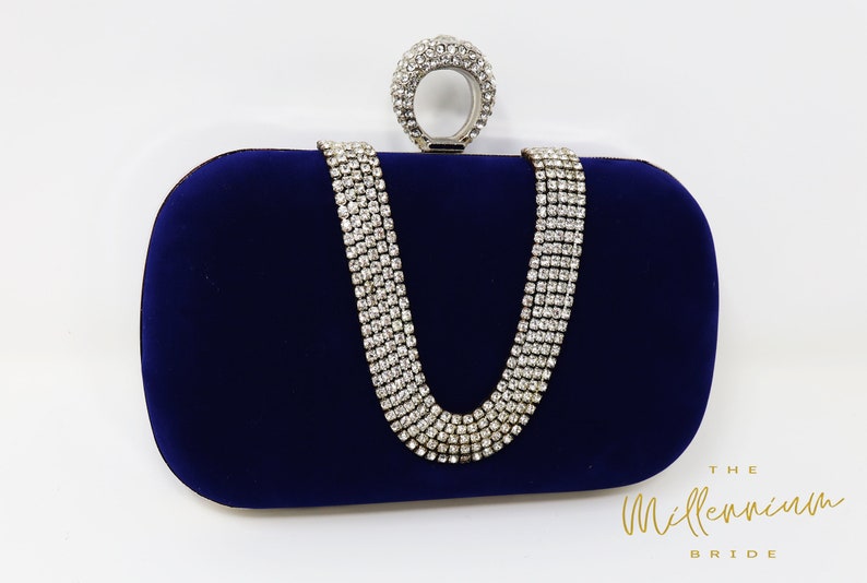 Royal Blue Velvet Crystal Mini Wedding Clutch, Statement Bag, Evening Clutch, Wedding Clutch, Bridal Bag, Blue Cross Body Bag image 1