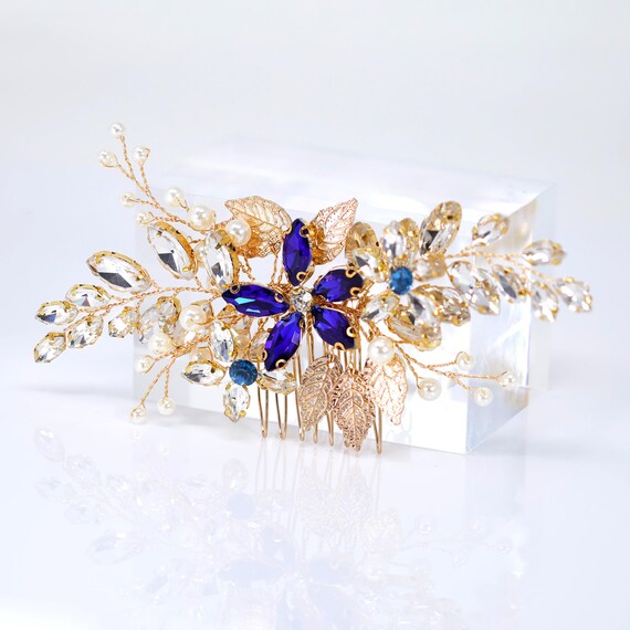 Blue Crystal Diamond Vine Leaves Bridal Hair Comb, Bridal  display picture 3