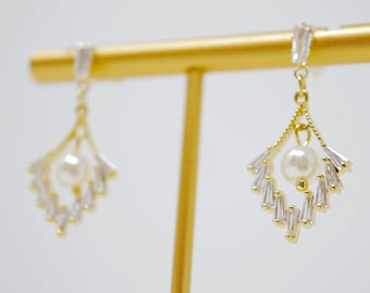 14K Real Gold Cubic Zirconia, Crystal, Diamond Bridal Earrings, Statement Earrings, Drop Earrings, Bridal Jewelry, Minimalistic Earrings.