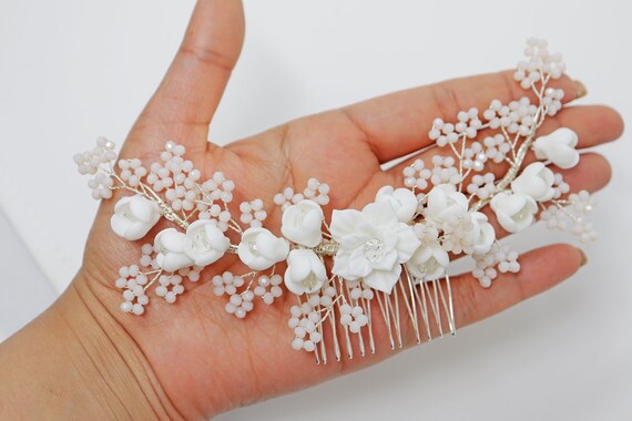 Hair piece made with Swarovski crystals and beads Swarovski Crystals and Bunch of White Pearls Bridal Hair  main image 3