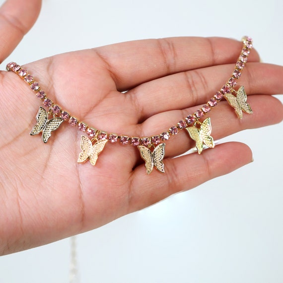 Collana Girocollo Con Farfalla In Cristallo E Zirconi – Ciondolo A Farfalla Oro – Gioiello Minimalista Donna, Catena Boho Vintage, Fatto A Mano