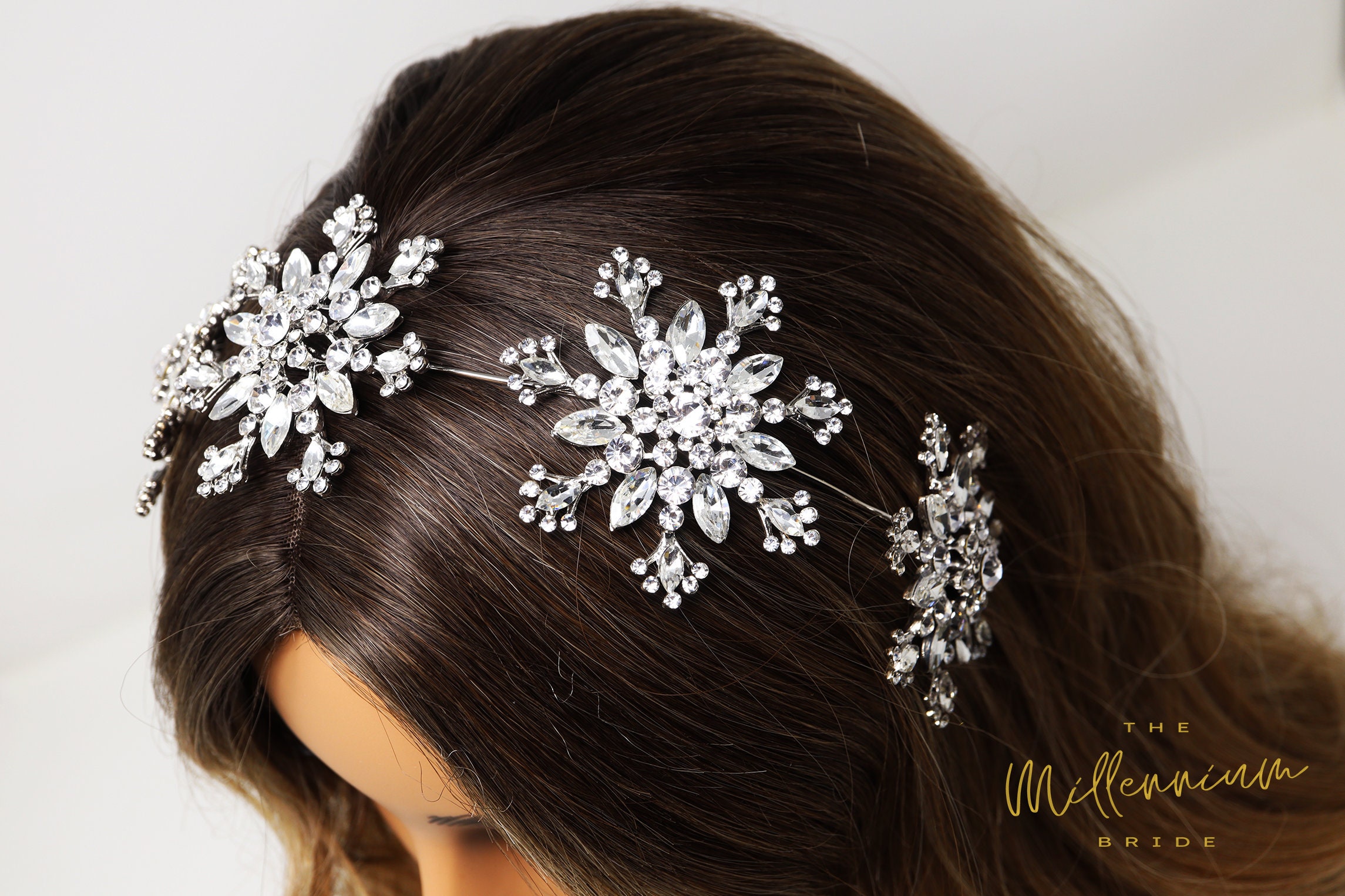 Dvnchi Bridal Snowflake Headpiece Matching Earring - Bridal Hair Accessory Crystals Floral Snowflake Headpiece, Hair Vine Headband  main image 3