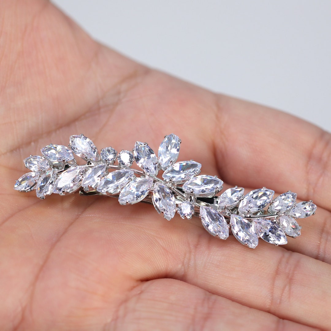 Silver Floral Leaves Wave CZ French Hair Clip, Bridal Hair  display picture 1