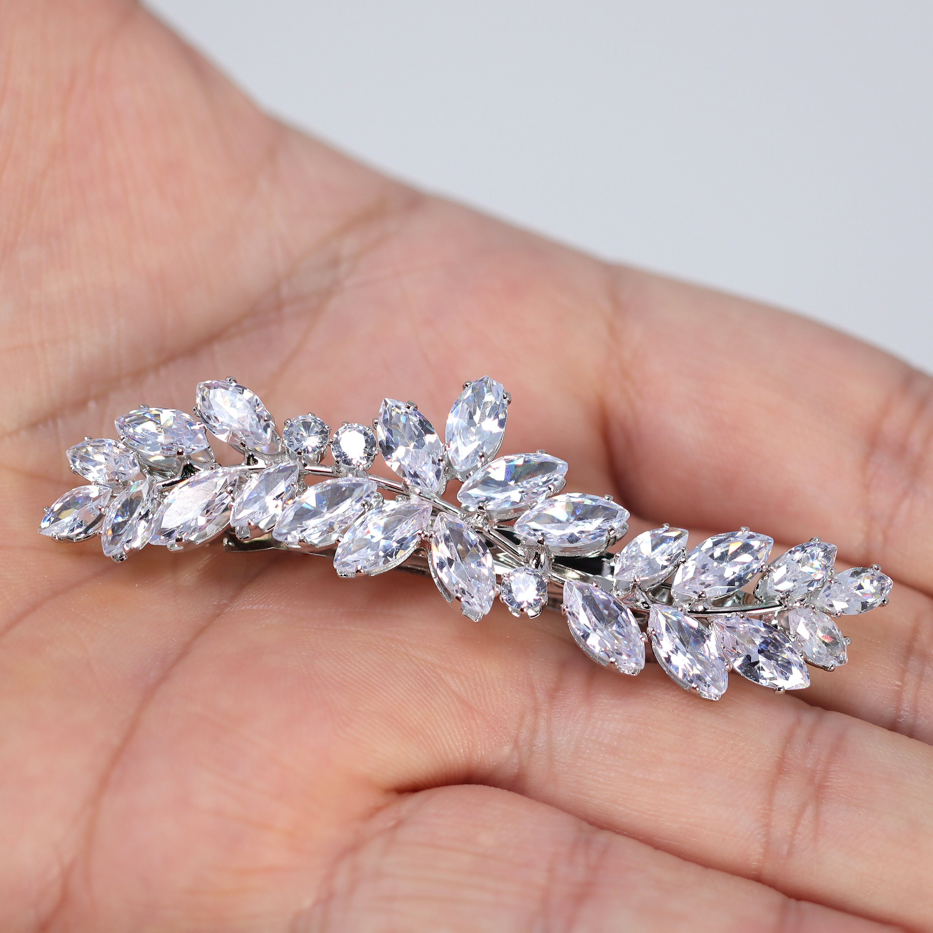 Silver Floral Leaves Wave CZ French Hair Clip, Bridal Hair  display picture 3