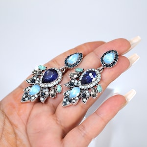 Blue Skies In Royal Chandelier : Rhinestone Statement Earrings , Something Blue Earrings, Long Bridal Jewelry, Crystal Bridal Earrings