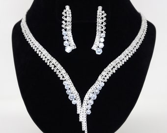 Swarovski Crystal Silver V-Shaped Leaves Droplets Diamond/Crystal Necklace Set, Bridal Necklace Set, Bridal Jewelry, Statement Necklace