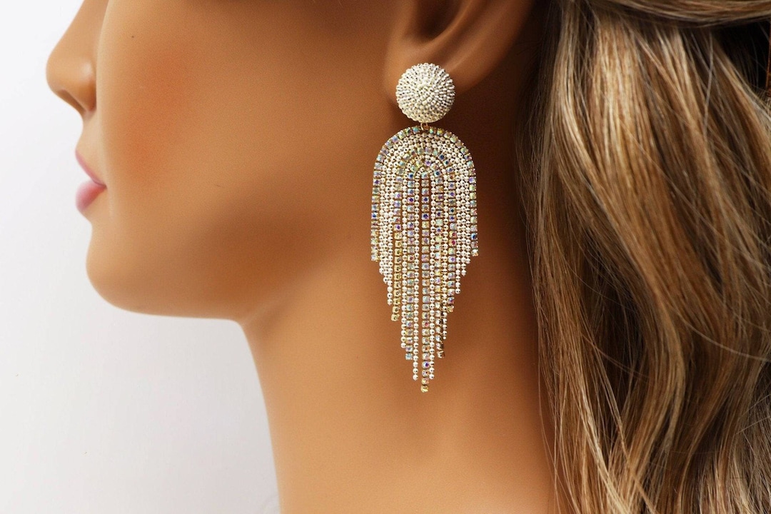 Gold Swarovski AB Crystal Chandelier Diamond Earrings, Long