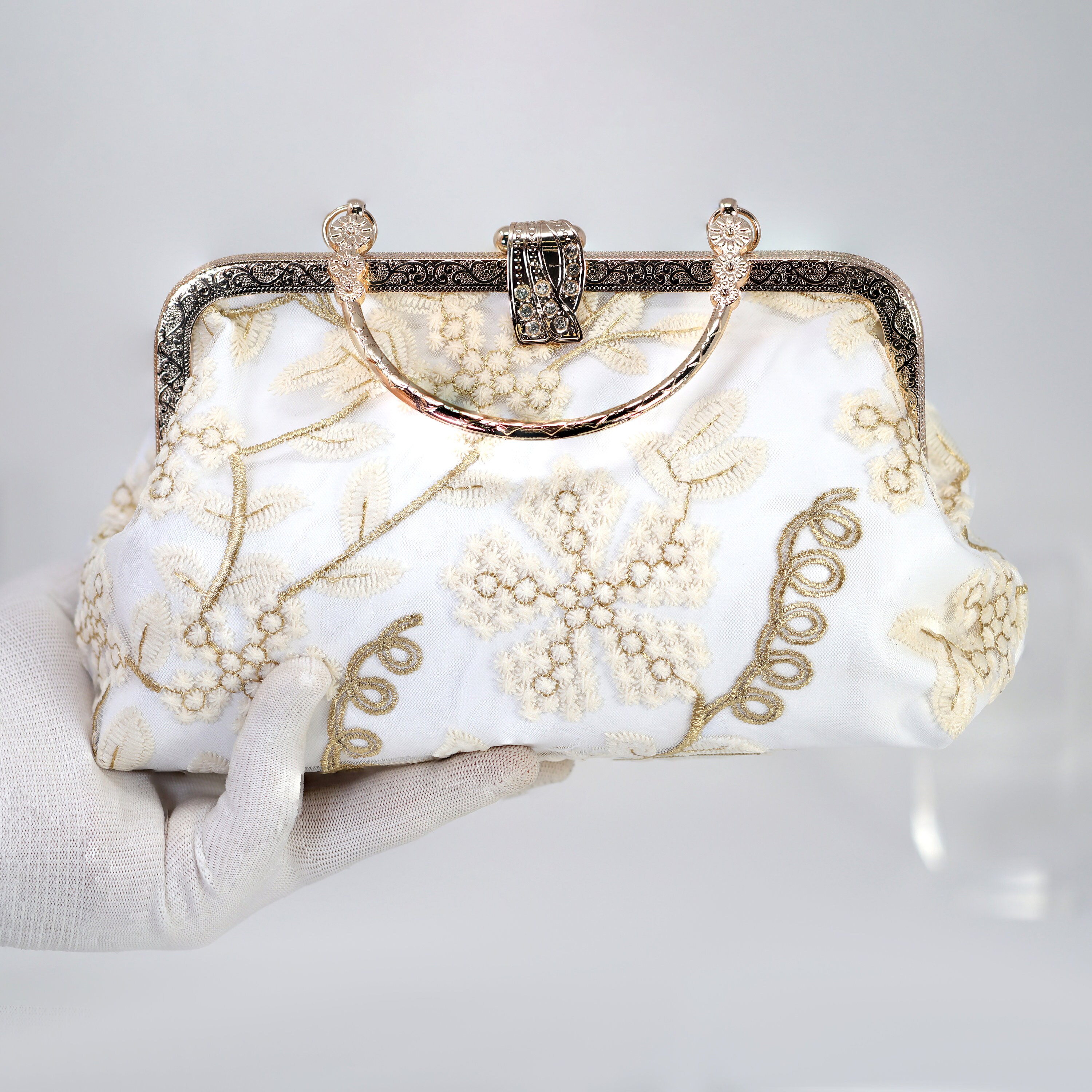 Gold White Lace Embroidered Floral Wedding Clutch