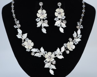 Swarovski Crystal Silver Floral Necklace set , Long Bridal Jewelry Crystal Flower Necklace Bridal Earrings Statement Earrings