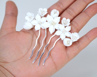 Ceramic White Lily flower Pearl Hair comb,  Bridal Hair piece, Bridal Hair Accessories, Wedding Hair Accessory.