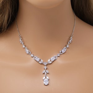 Swarovski Dainty Leaves Drop Necklace, Long Bridal Jewelry, Bridal Earrings And Necklace, Statement Earrings Cz Necklace Set.
