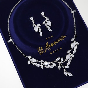 Swarovski Crystal diamond Vine Leaves Necklace, Long Bridal Jewelry, Bridal Earrings And Necklace, Statement Earrings Cz Necklace Set.