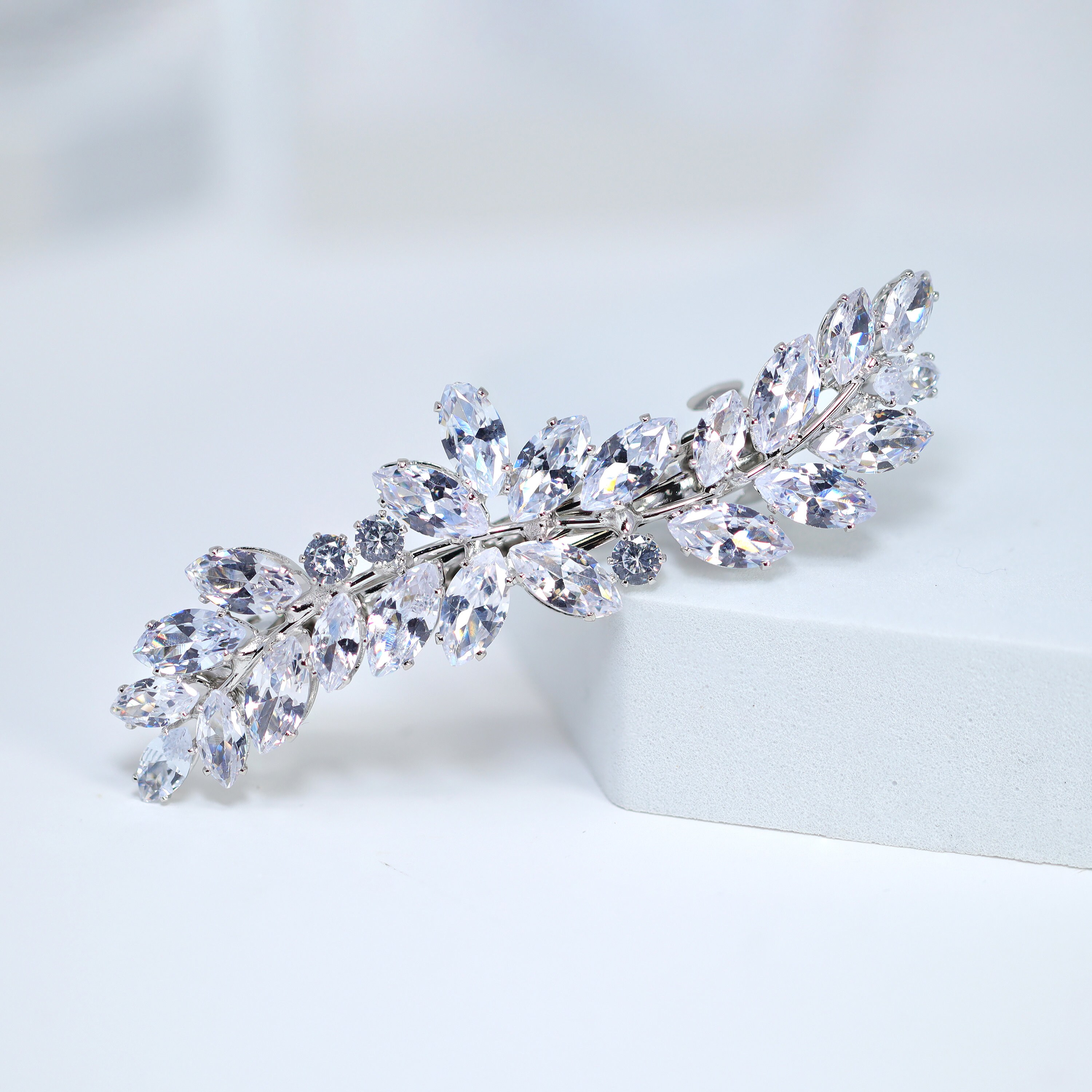 Silver Floral Leaves Wave CZ French Hair Clip, Bridal Hair  display picture 2