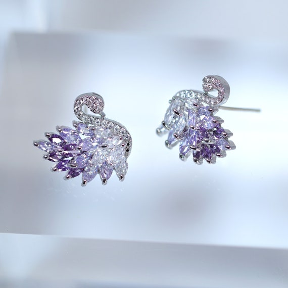 Boucles D'oreilles Vintage En Cristal Violet à Facettes - Métal Argenté, Style Pendantes, Occasion