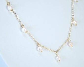 Natural Cultured Pearl Drop Dainty Bezel Necklace, Bridal Chocker Necklace, Statement Earrings Cz