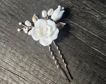 Horquilla para el pelo con rosa y capullos de perla blanca de agua dulce, horquillas para el pelo de novia, accesorios para el pelo de novia, accesorio para el pelo de boda.