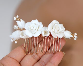 Freshwater Pearl Dusted White Rose And Lily Blossom Hair comb, Bridal Hair piece, Bridal Hair Accessories, Wedding Hair Accessory.