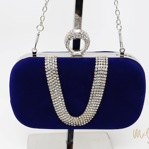 Royal Blue Velvet Crystal Mini Wedding Clutch, Statement Bag, Evening Clutch, Wedding Clutch, Bridal Bag, Blue Cross Body Bag image 3