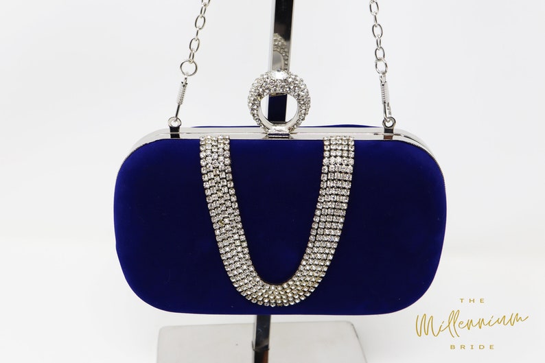 Royal Blue Velvet Crystal Mini Wedding Clutch, Statement Bag, Evening Clutch, Wedding Clutch, Bridal Bag, Blue Cross Body Bag image 3