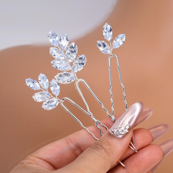 CZ Leafy Tails Set of 3 Hair Pins , Swarovski Hair Pins Set 