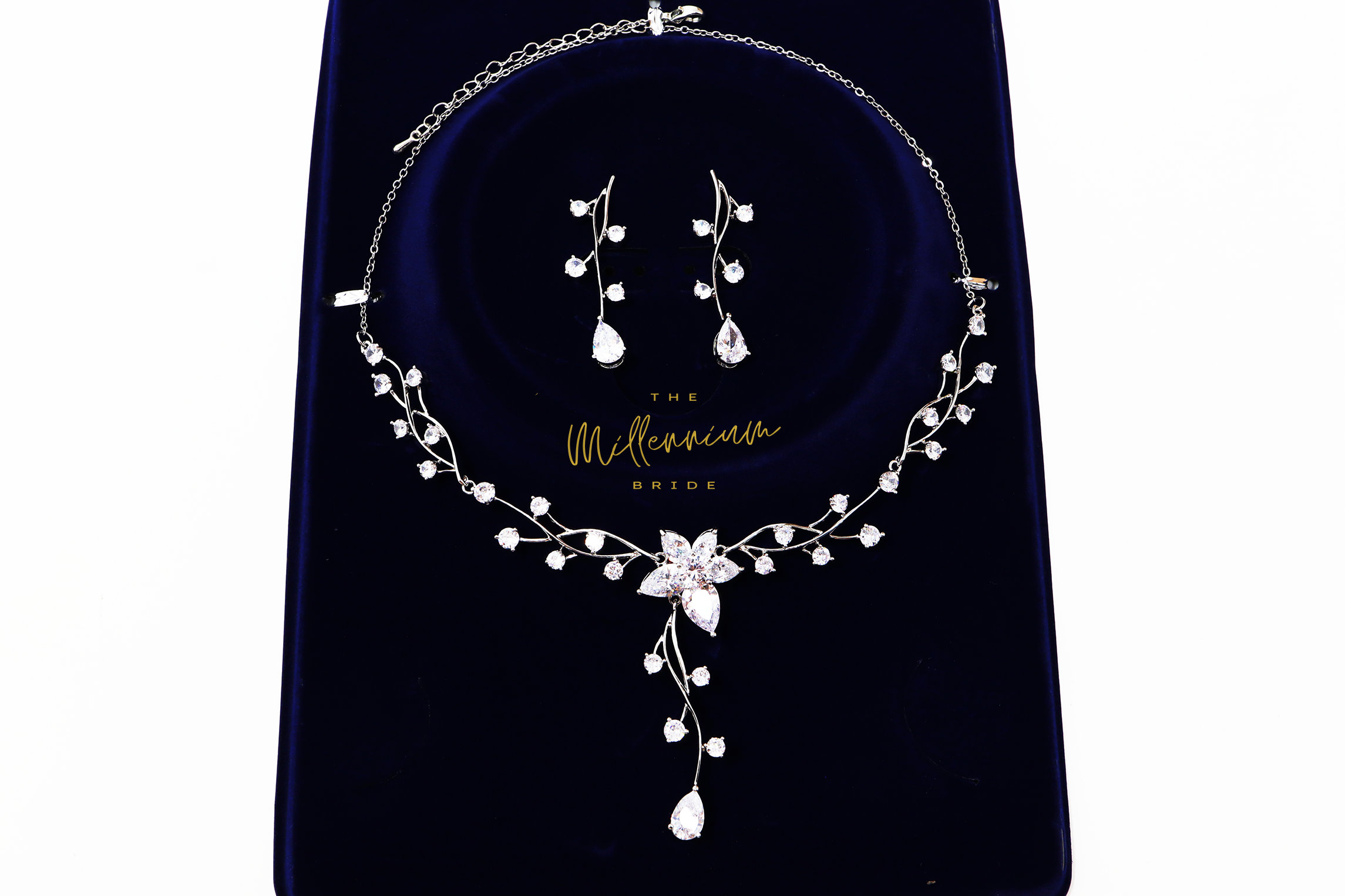 Swarovski Crystal Flower Vine Leaves Necklace, Long Bridal Jewelry, Bridal Earrings And Necklace, Statement Earrings Cz Necklace Set.