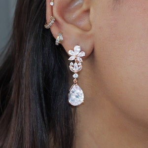 Cubic Zirconia Flower Petal Crystal/Diamond Earrings, Long Bridal Jewelry, Bridal Earrings, Crystal Bridal Earrings, Statement Earrings Cz