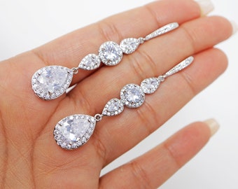 Cubic Zirconia Diamond Drop Crystal, Diamond Earrings, Long Bridal Jewelry, Bridal Earrings, Crystal Bridal Earrings, Statement Earrings Cz