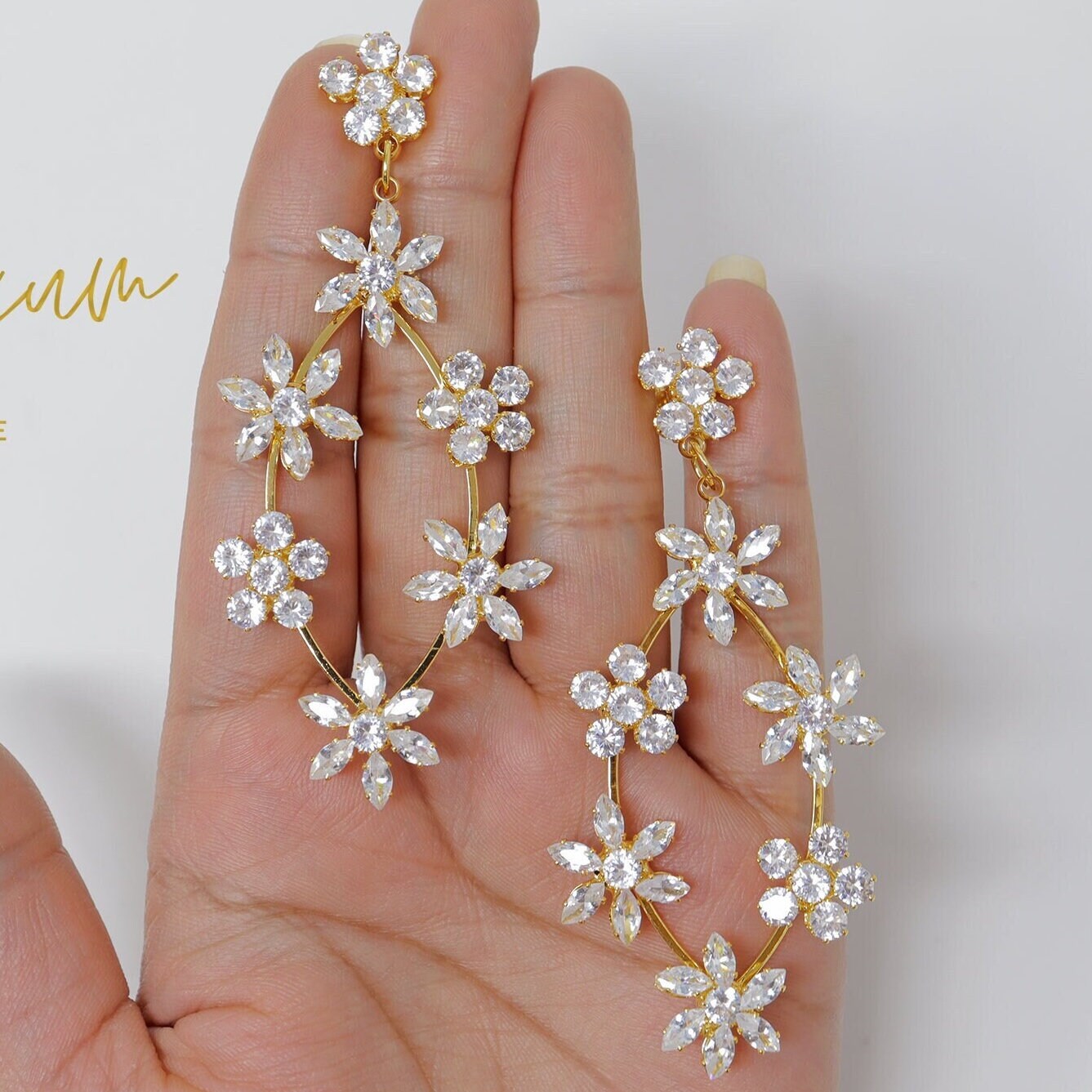Cubic Zirconia Floral Vine Diamond Earrings, Long Bridal Earrings, Crystal Bridal Earrings, Statement Earrings, Gold Bride Earring.