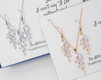 Cubic Zirconia Diamond/ Crystal Leaves, Bridesmaid Jewelry, Bridesmaid Earrings And Necklace, Crystal Earrings, Statement Earrings Cz
