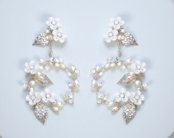 Boucles D'oreilles Créoles Perles Culture Cristal Blanc - Plaqué Or 14 Carats, Pendantes, Neuf Avec étiquettes