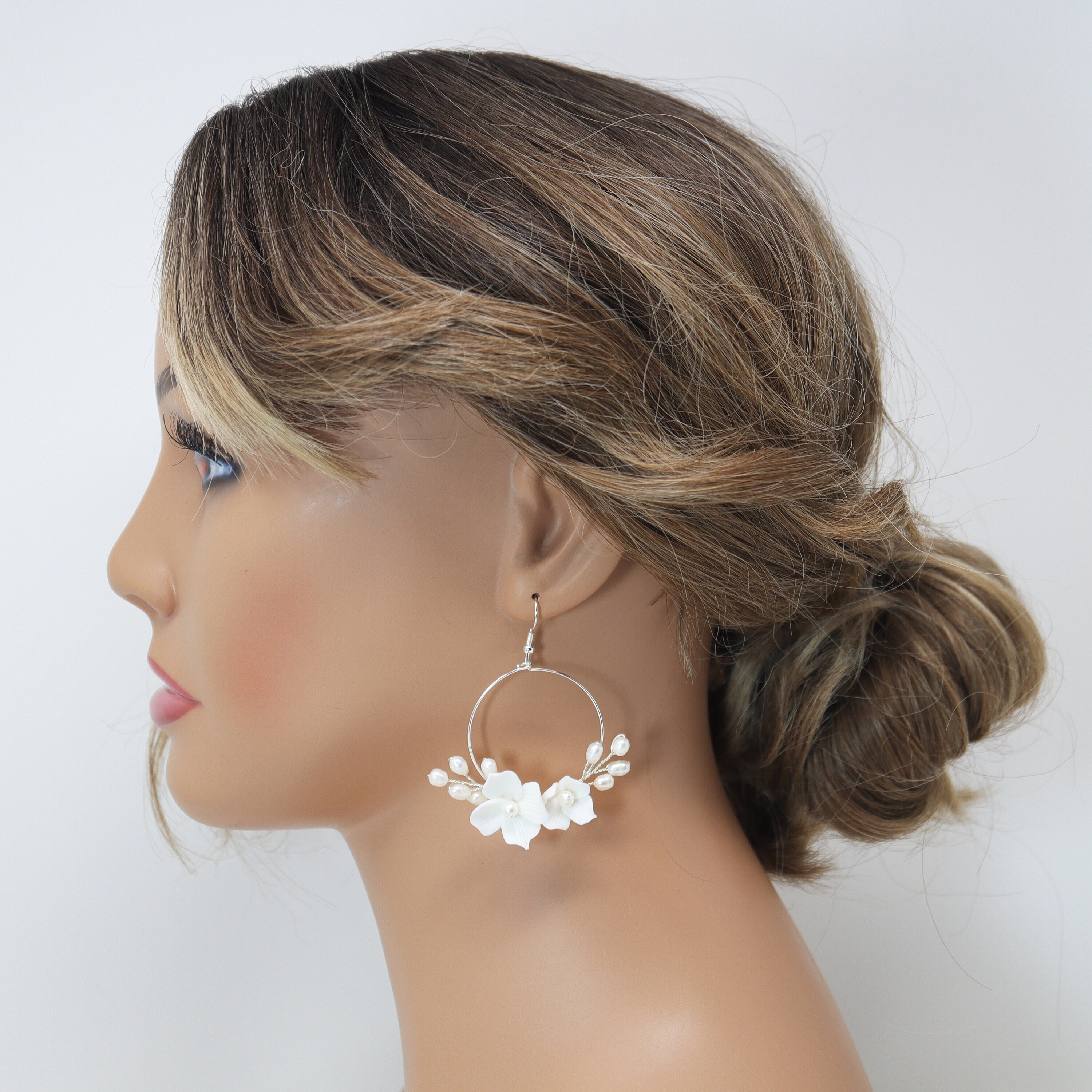 Boucles D'oreilles Créoles Perles Culture Cristal Blanc - Plaqué Or 14 Carats, Pendantes, Neuf Avec étiquettes